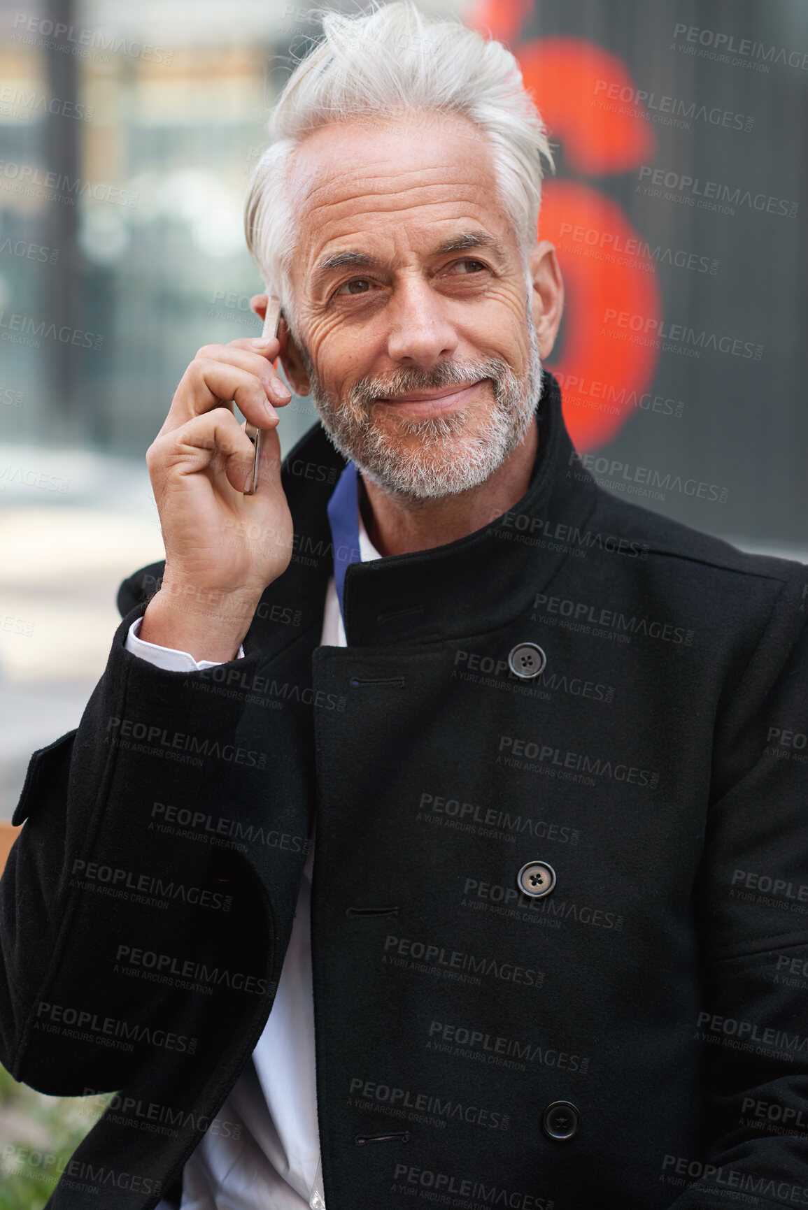 Buy stock photo City, phone call and mature man at office, success and confidence, happy legal advice. Ceo, lawyer or businessman on sidewalk outside court with smartphone, smile and crm or networking conversation.