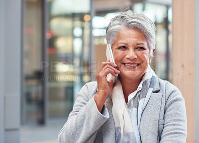 Buy stock photo City, phone call and smile, mature woman outside law firm, successful discussion on legal advice. Ceo, lawyer or businesswoman on court sidewalk with 5g, smartphone and crm or networking conversation