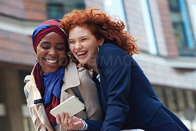 Buy stock photo Business, women and friends in city, smartphone and happiness on lunch break, promotion and laughing. Female employees, happy consultants and agents with cellphone, outdoor and cheerful in street