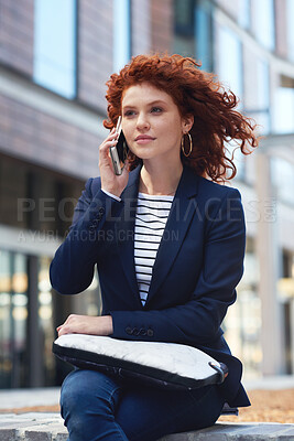 Buy stock photo Phone call, city and a business woman on a windy day, outdoor for communication or networking. Contact, vision or 5g mobile technology with a female employee talking while on a break in an urban town