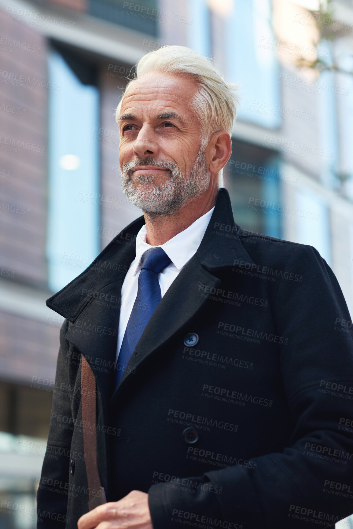 Buy stock photo Happy, city and walking with business man for professional, travel and mindset in the morning in New York. Ceo, executive and senior person in urban town for corporate, leadership and confident goals