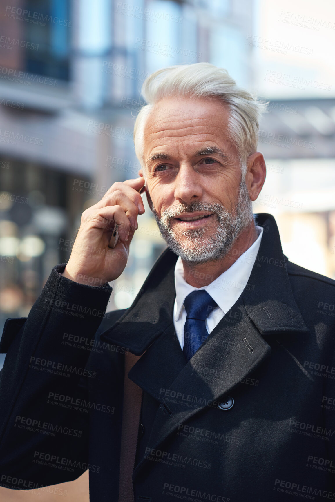 Buy stock photo City, phone call and mature businessman or lawyer outside law firm, successful discussion on legal advice. Ceo, boss or corporate man on sidewalk at court with smile, smartphone and crm conversation.