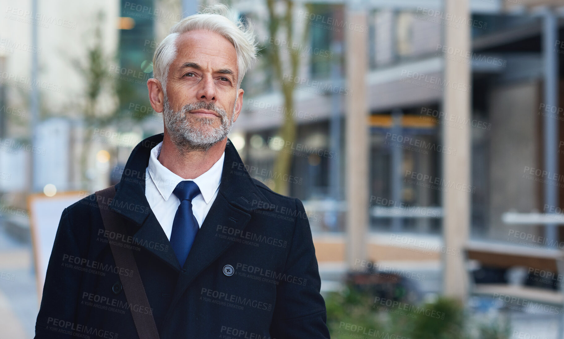 Buy stock photo Travel, city and walking with business man for professional, confident and mindset in the morning. Ceo, urban and executive with senior person in urban town for corporate, leadership and goals