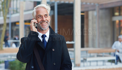 Buy stock photo City, phone call and smile, mature man or lawyer outside law firm, successful discussion on legal advice. Ceo, boss or businessman on sidewalk at court with 5g smartphone, crm or conversation.