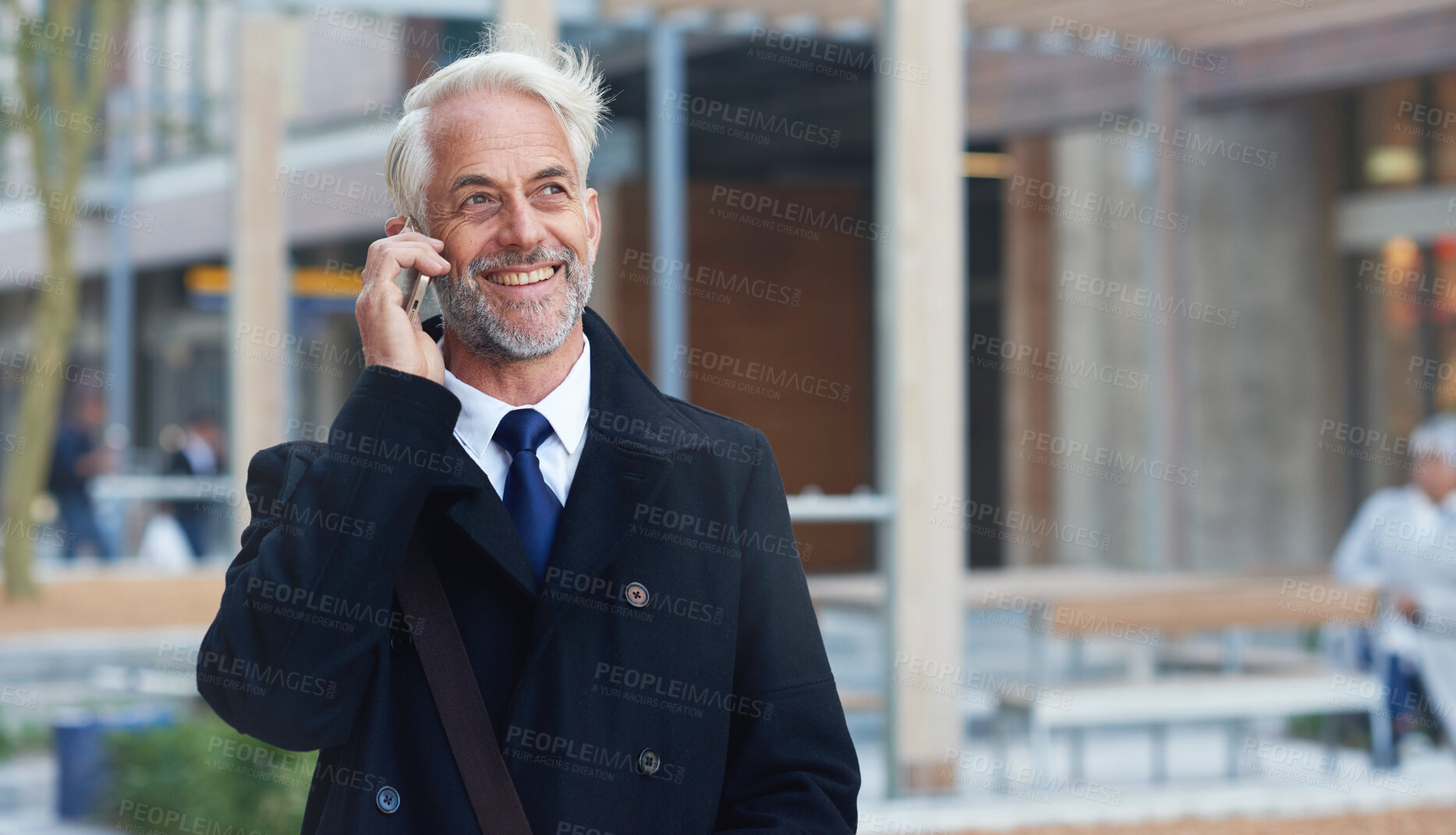 Buy stock photo City, phone call and smile, mature man or lawyer outside law firm, successful discussion on legal advice. Ceo, boss or businessman on sidewalk at court with 5g smartphone, crm or conversation.