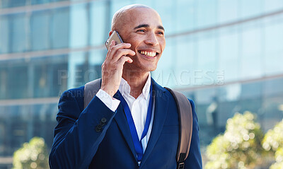 Buy stock photo Office building, happy phone call and smile, man or lawyer outside city law firm in consulting on legal advice. Ceo, boss or businessman manager on sidewalk with smartphone, crm or conversation.