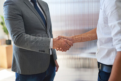 Buy stock photo Business people, shaking hands and office for welcome, agreement and b2b partnership with success. Businessman, handshake and onboarding with teamwork, hiring or recruitment with human resources boss