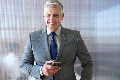 Buy stock photo Portrait, senior man and ceo with smartphone, smile and leadership with skills, social media and texting. Face, mature male manager and entrepreneur with cellphone, happiness and formal in workplace