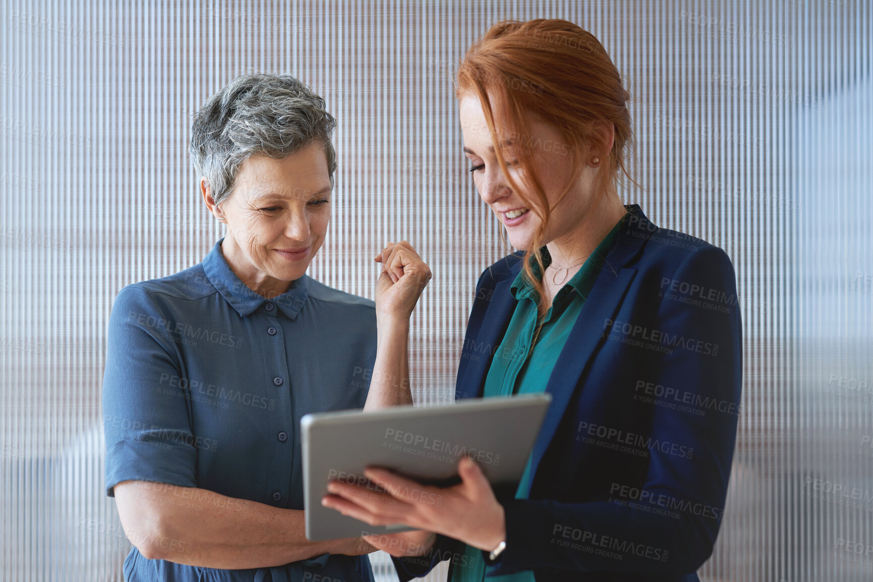 Buy stock photo Business mentor, tablet and women planning or talking about ideas, strategy and brainstorming. Woman and leader or manager for online discussion, collaboration and teamwork for web research or advice