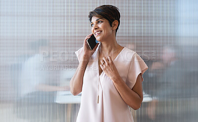 Buy stock photo Phone call, business woman and talking in office, chatting or speaking to contact. Technology, thinking and happy female entrepreneur with mobile smartphone for networking, discussion or conversation