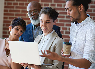Buy stock photo Business team, laptop and planning or talking about ideas, strategy and brainstorming for diversity. Leadership, men and women for online discussion, collaboration and teamwork for corporate project