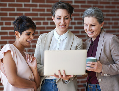 Buy stock photo Business, laptop and women planning or talking about ideas, strategy and brainstorming. Happy diversity management team friends for online discussion, collaboration and teamwork on startup project