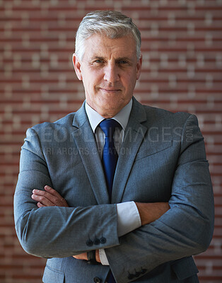 Buy stock photo Portrait, arms crossed and senior business man in office ready for company goals. Ceo, boss and elderly, confident and proud male entrepreneur from Canada with vision, mission and success mindset.