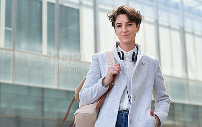 Buy stock photo Portrait, smile and business woman in city standing outdoors in urban street. Ceo, boss and confident, proud and happy female entrepreneur from Canada with vision, mission and success mindset in town