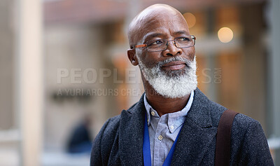 Buy stock photo Senior black man, business and thinking in city, street or town with company goals. Ideas, planning and face glasses of elderly male entrepreneur with vision, mission and success mindset in outdoors.
