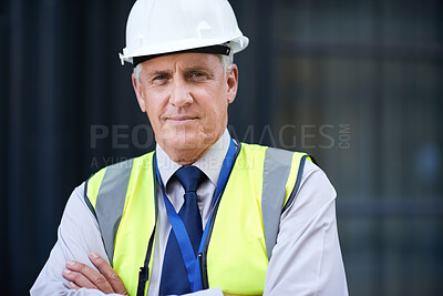 Buy stock photo Construction, engineer and portrait of a senior man outdoor for building project management. Face of contractor person with helmet for civil engineering, safety and development at a site with vision