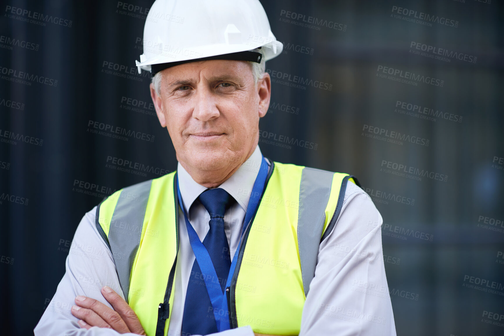 Buy stock photo Construction, engineer and portrait of a senior man outdoor for building project management. Face of contractor person with helmet for civil engineering, safety and development at a site with vision