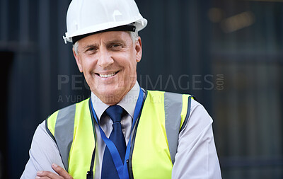 Buy stock photo Engineer, construction and portrait of senior man outdoor for building project management. Face of happy contractor person and helmet for civil engineering, safety and development at site with vision