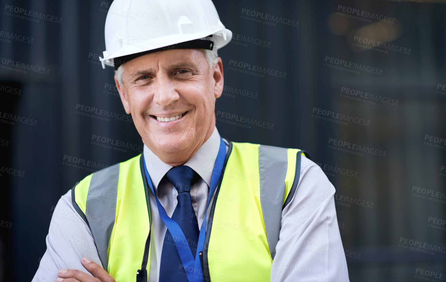 Buy stock photo Engineer, construction and portrait of senior man outdoor for building project management. Face of happy contractor person and helmet for civil engineering, safety and development at site with vision