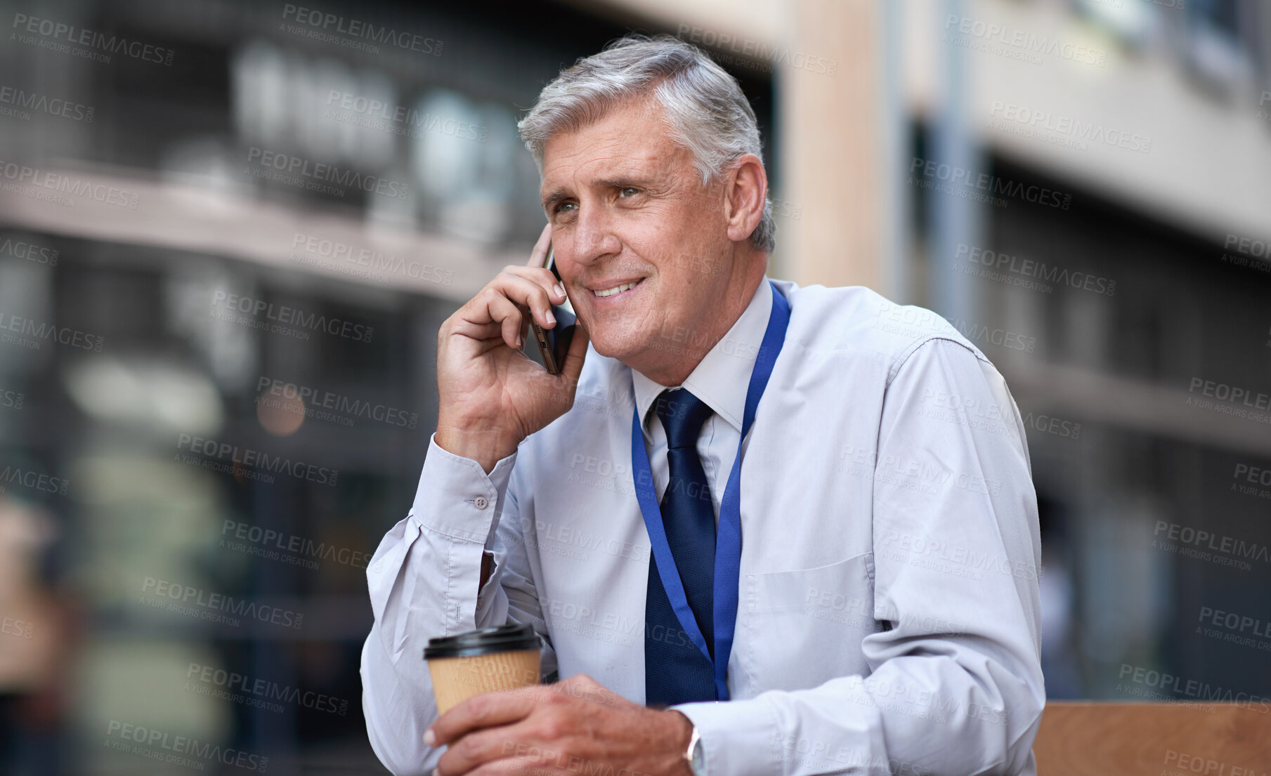 Buy stock photo Phone call, business man and coffee in city, street or town while talking with contact. Technology, thinking and happy male entrepreneur with 5g mobile smartphone for networking, chat and discussion.