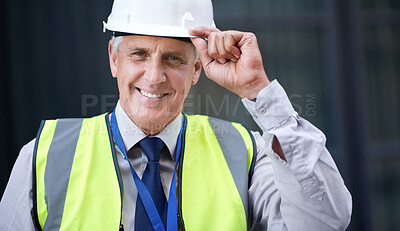 Buy stock photo Man, construction and engineer and portrait outdoor for building project management. Face of senior contractor person with helmet for civil engineering, safety and development at site with a smile