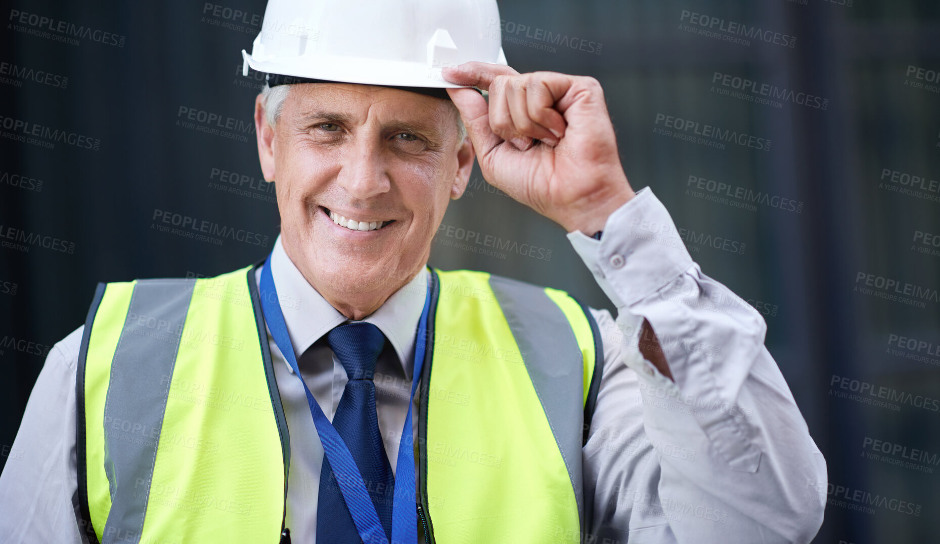 Buy stock photo Man, construction and engineer and portrait outdoor for building project management. Face of senior contractor person with helmet for civil engineering, safety and development at site with a smile