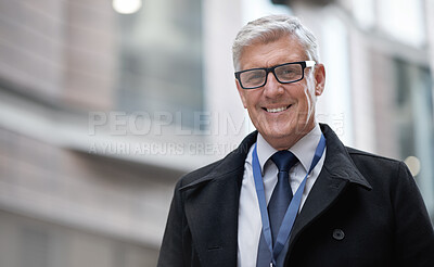 Buy stock photo Portrait, smile and business man in city with vision, mission and success mindset. Ceo, boss and happy, confident and proud senior male entrepreneur from Canada in urban street, outdoors or town.