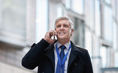 Buy stock photo Business man, phone call and talking in city, street or town with contact outdoors. Technology, thinking and happy senior male ceo with 5g mobile smartphone for networking, chatting and discussion.