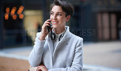 Buy stock photo Phone call, business woman and talking in city, street or town with contact outdoors. Technology, thinking and happy female entrepreneur with 5g mobile smartphone for networking, chat and discussion.