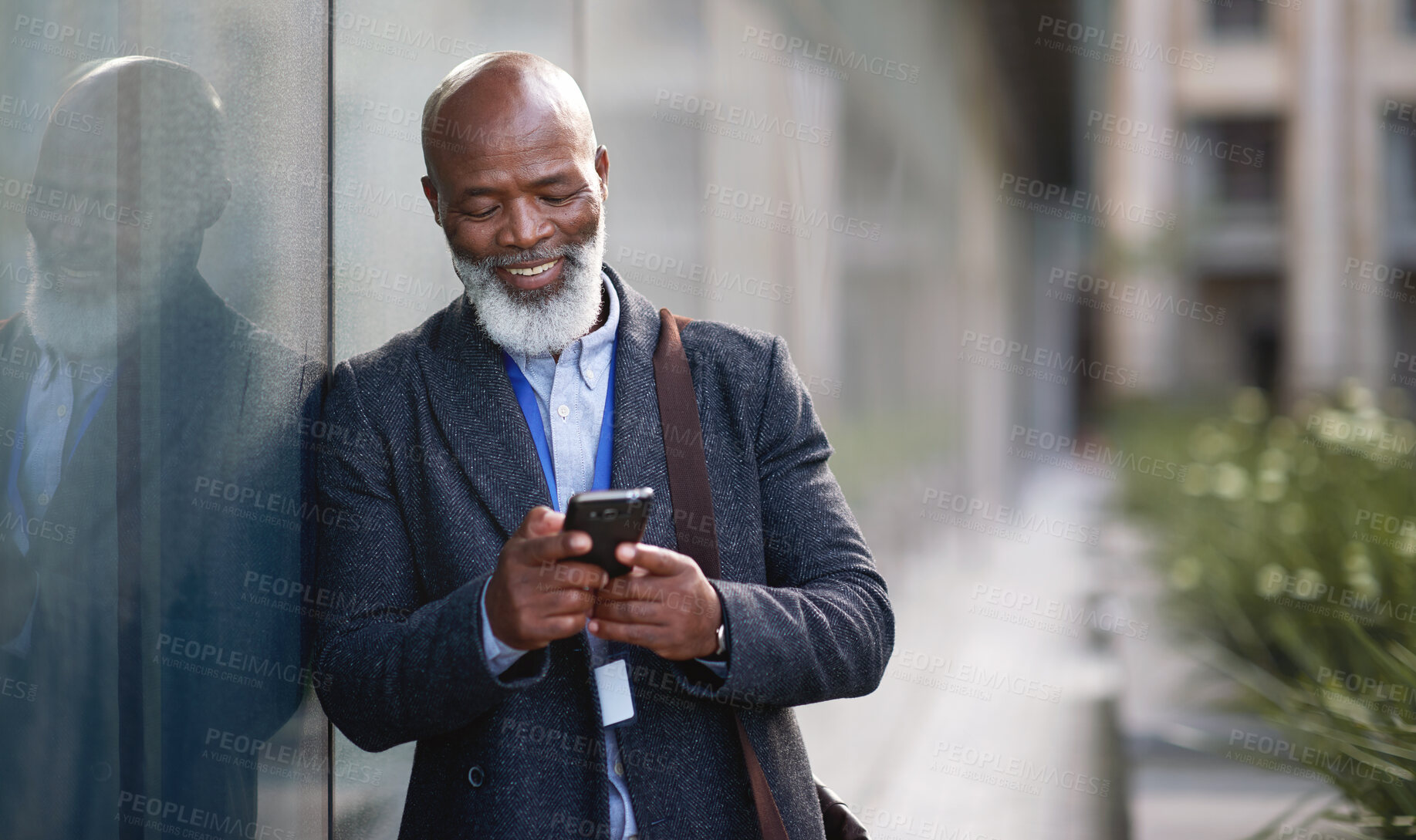 Buy stock photo Phone, business and senior black man in city, texting or internet browsing outdoors in urban street. Technology, cellphone and happy male ceo with 5g mobile smartphone for networking or social media.