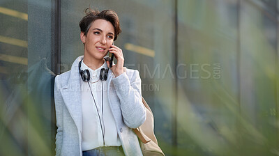 Buy stock photo Woman, phone call and communication outdoor, chat and networking with discussion, travel to work and mockup space. Young creative in city, conversation with technology and 5g network in Boston