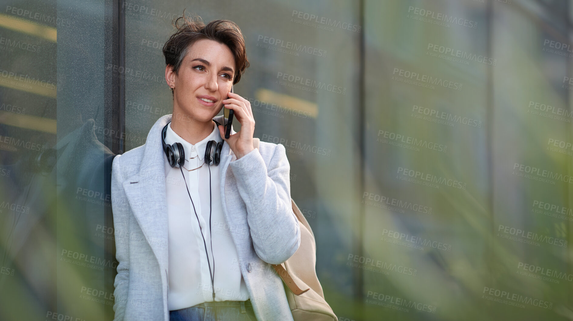 Buy stock photo Woman, phone call and communication outdoor, chat and networking with discussion, travel to work and mockup space. Young creative in city, conversation with technology and 5g network in Boston