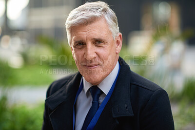 Buy stock photo Portrait, senior and business man in city with vision, mission and success mindset in urban town outdoors. Ceo, boss face and proud, confident and elderly male entrepreneur from Canada ready for work
