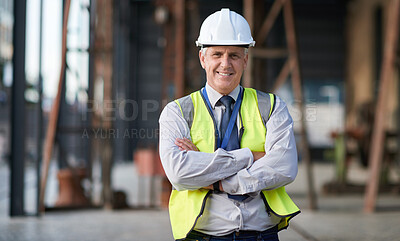 Buy stock photo Portrait of senior engineer man at a construction site outdoor for building project management. Face of happy contractor person with helmet for civil engineering, safety and development with vision