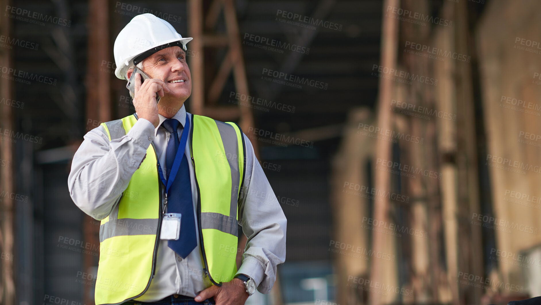 Buy stock photo Engineer, construction and phone of a man outdoor for building project management. Senior contractor person talking to contact for civil engineering, safety idea and development at mockup space site