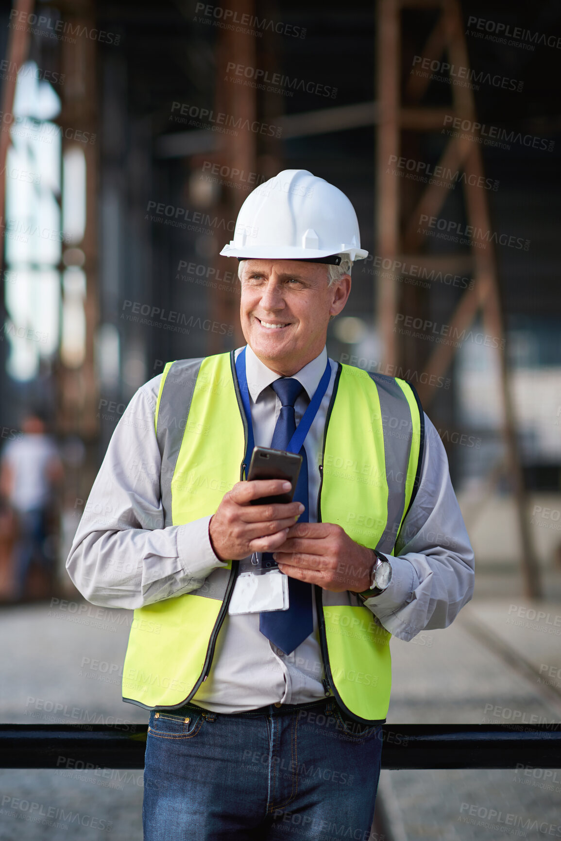 Buy stock photo Construction, engineer and man with phone thinking outdoor about building project management. Contractor person and smartphone for civil engineering, safety and development at site for vision or idea