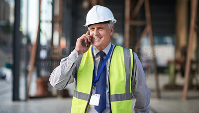 Buy stock photo Construction, engineer and phone call of a man outdoor for building project management. Senior contractor person talking to industry contact about civil engineering, safety and development at a site