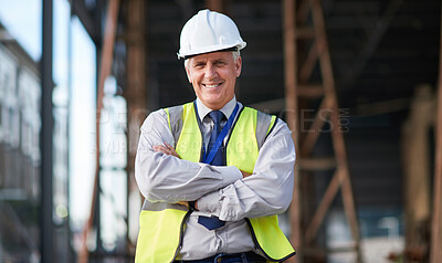 Buy stock photo Construction site, engineer and portrait of senior man outdoor for building project management. Happy contractor person with arms crossed for civil engineering, safety and development or innovation 