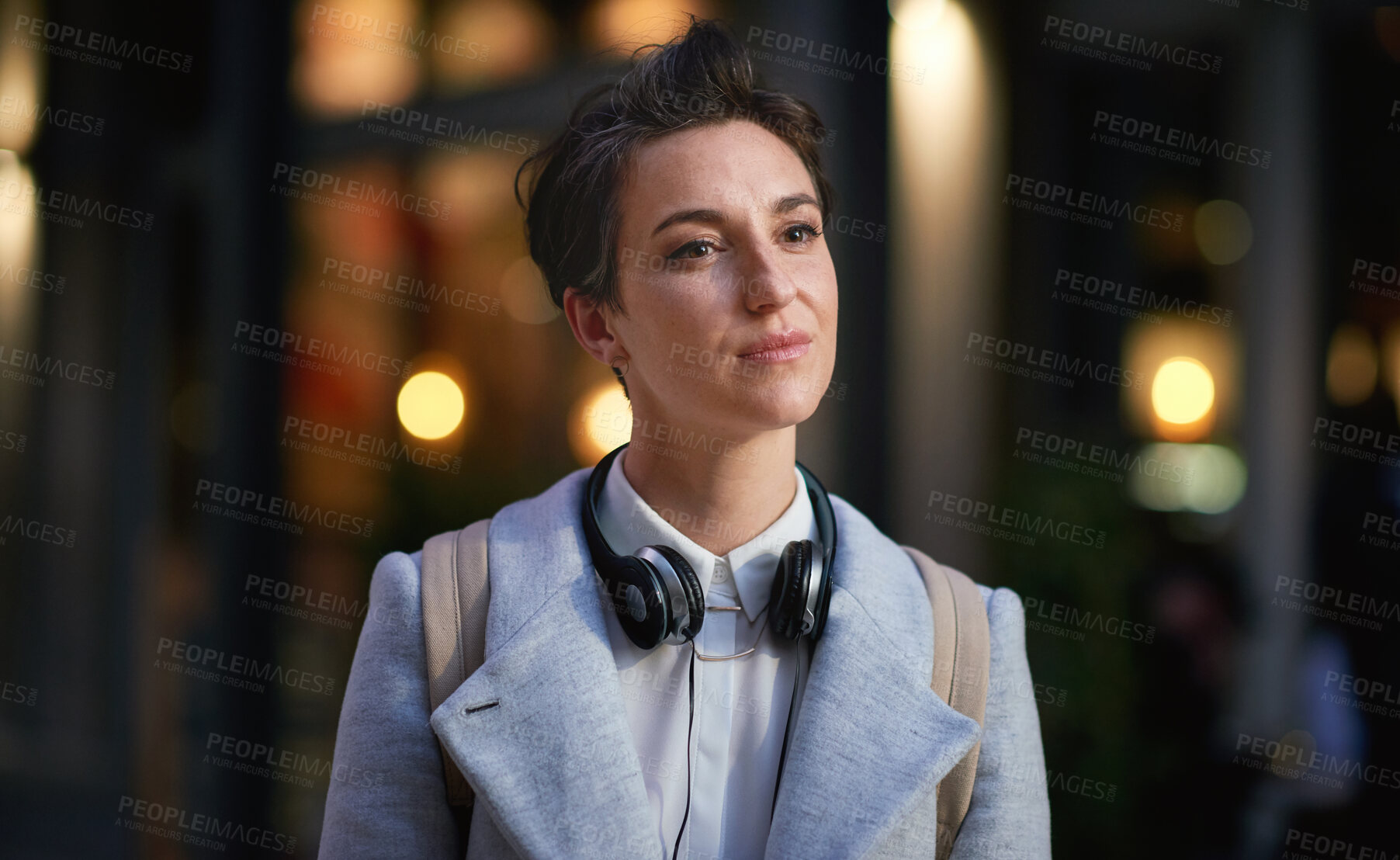 Buy stock photo Business woman in city, thinking with face and travel to work with headphones outdoor, mockup with bokeh and commute. Young creative, mindset and vision with web designer, career and growth in London