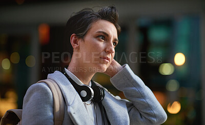 Buy stock photo Business woman outdoor thinking, face and travel to work with headphones, mockup with bokeh and commute in city. Young creative, mindset and vision with web designer, career and growth in London