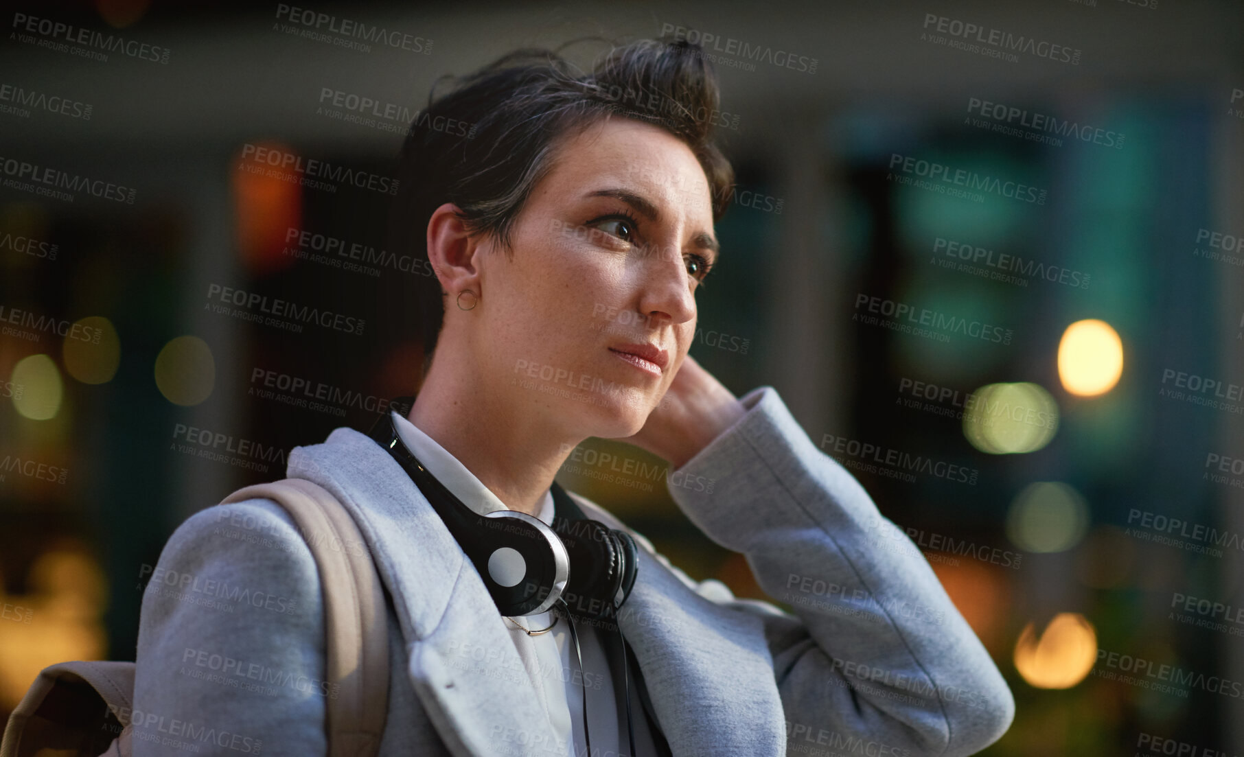 Buy stock photo Business woman outdoor thinking, face and travel to work with headphones, mockup with bokeh and commute in city. Young creative, mindset and vision with web designer, career and growth in London