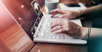 Buy stock photo Woman, hands and laptop hologram abstract in networking cybersecurity, remote research or programming. Zoom, typing and 3d cloud technology of software, dashboard or futuristic digital transformation