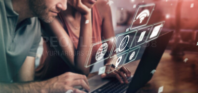 Buy stock photo People, laptop or 3d networking abstract in house for email cybersecurity or internet research. Black woman, man or technology futuristic hologram for software, dashboard ux or digital transformation