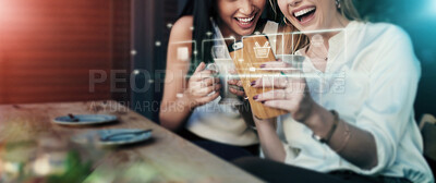 Buy stock photo Women, phone or online shopping hologram on app, ecommerce website or futuristic e commerce. 3d, abstract or overlay on mobile technology for smile, happy or laughing friends on retail store in cafe