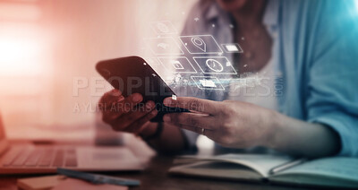 Buy stock photo Business woman, hands or phone hologram screen in networking, schedule management or global calendar app. Zoom, worker or 3d technology abstract for futuristic dashboard, iot or email communication