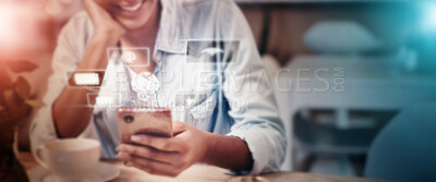 Buy stock photo Woman, phone or networking hologram on app, iot website or futuristic software in cafe, coffee shop or restaurant. 3d abstract, digital transformation or mobile technology for happy or relax customer