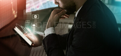 Buy stock photo Businessman, hands or phone hologram screen in global night finance, stock marketing trading or financial cybersecurity. Worker, thinking or 3d technology abstract for futuristic cryptocurrency app