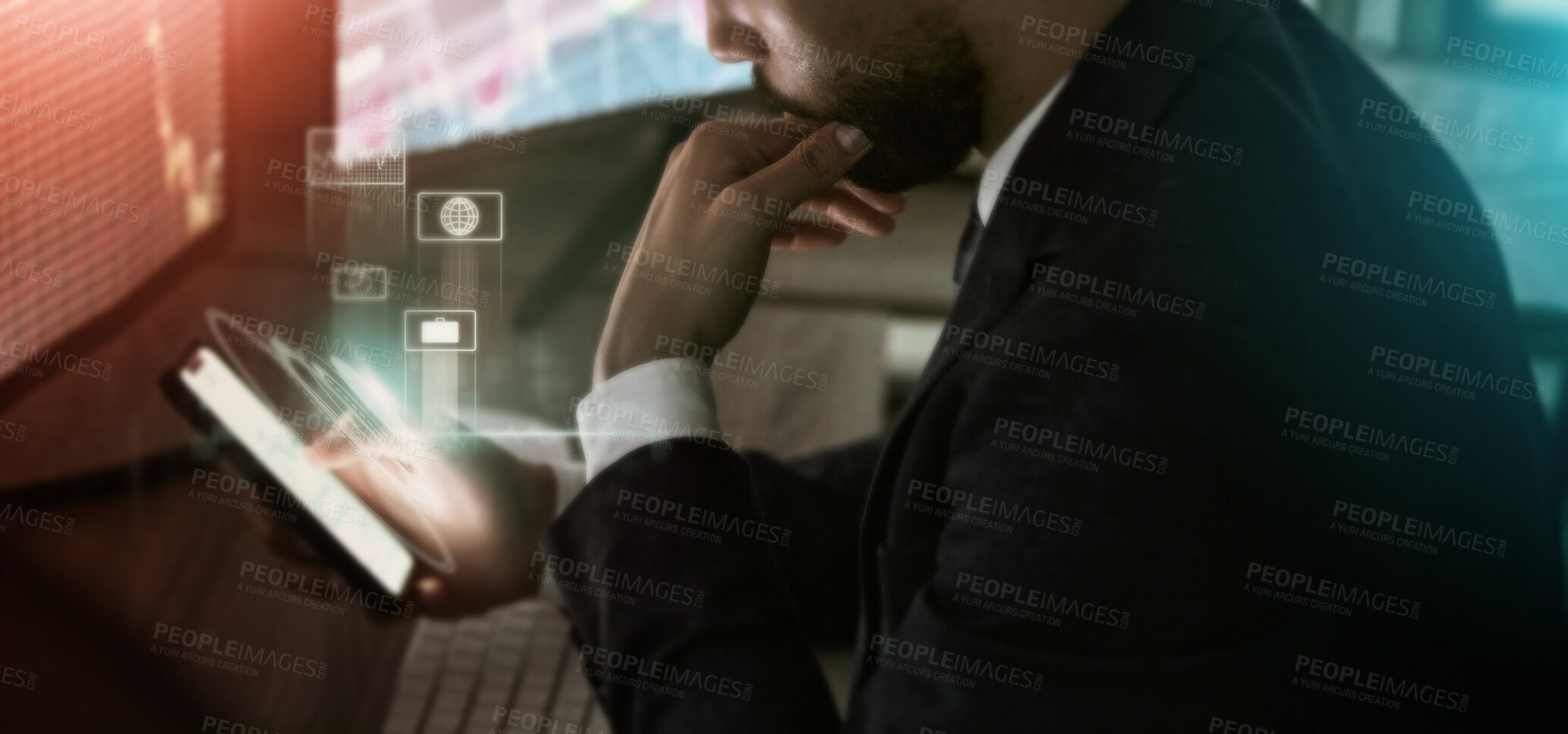 Buy stock photo Businessman, hands or phone hologram screen in global night finance, stock marketing trading or financial cybersecurity. Worker, thinking or 3d technology abstract for futuristic cryptocurrency app