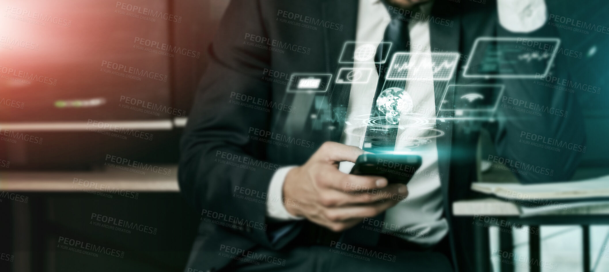 Buy stock photo Worker, hands and phone hologram screen in global night finance, stock market trading or financial software. Businessman, 3d and technology abstract of futuristic app communication or fintech growth