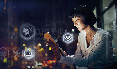 Buy stock photo Woman, tablet and digital transformation in the night city for networking, wifi or technology software icons. Female freelancer in futuristic big data, innovation or global communication on balcony